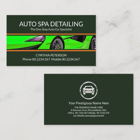Schokend Groene Sportauto die AutoWash detailleert Visitekaartje (Voorkant / Achterkant)
