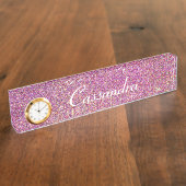 Schoknaamplaat met klok/roze glitter naambordje (Zijkant)