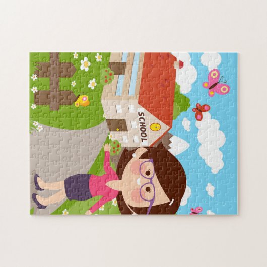 Scholen en leraar Rode daktuin Legpuzzel (Horizontaal)