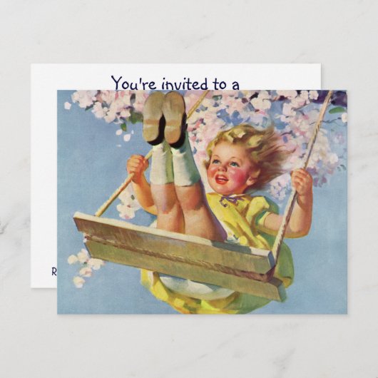 schommel, meisje swingende verjaardagsfeestje kaart (Voorkant / Achterkant)