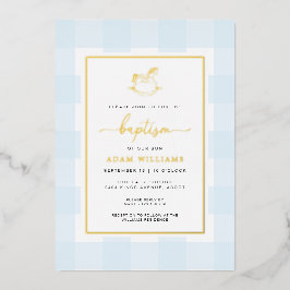 Schommelend Paard Blauw Gingham Doop Folie Uitnodi Uitnodiging