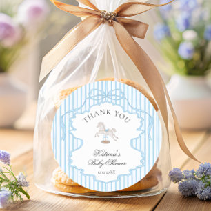 Schommelend Paard Blauwe Strik Baby Shower Bedankt Ronde Sticker