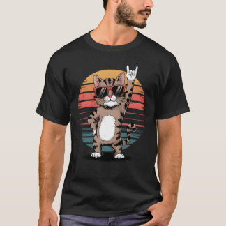 schommelende kat Met Zonnebril en Retro Zonsonderg T-shirt