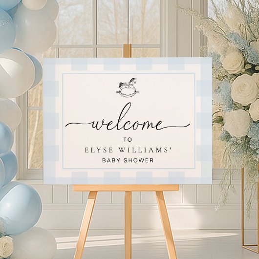 Schommelpaard Blauw Gingham Welkom Poster