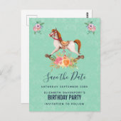 schommelpaard met bloemen Save the Date Briefkaart (Voorkant / Achterkant)