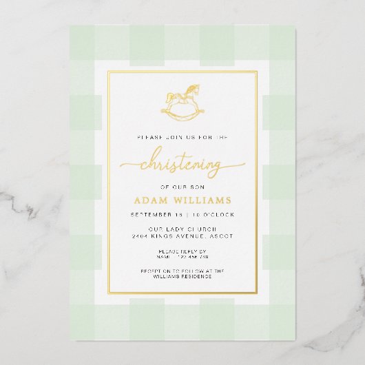 Schommelpaard Mint Gingham Doop Folie Uitnodiging (Voorkant)