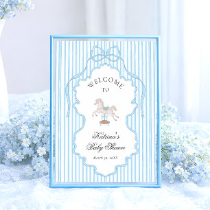 Schommelpaard Vintage Blauwe Baby Shower Welkom Poster