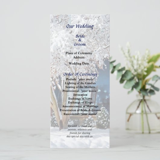 Schommelstoel op veranda in de winter bruiloft pro programmakaart (Staand voorkant)