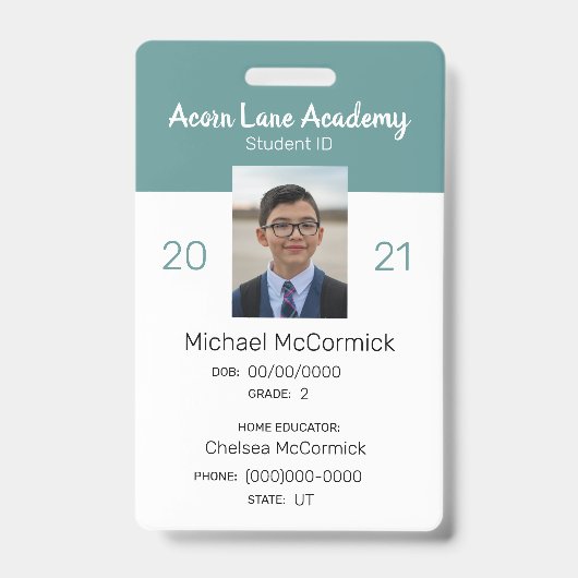 Schone Blauwgroen Homeschool Student ID Badge (Voorzijde)