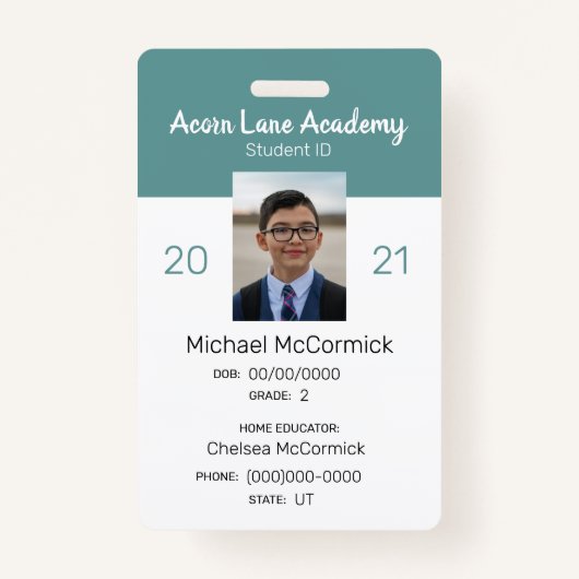 Schone Blauwgroen Homeschool Student ID Badge (Voorkant)