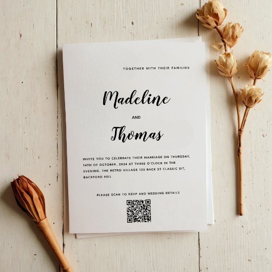 Schone Elegante Kalligrafie Foto QR Code Huwelijk Kaart