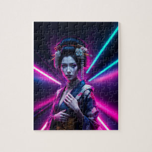 Schöne Geisha Puzzle mit Neon Hintergrund - Elegan Legpuzzel