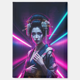 Schöne Geisha Puzzle mit Neon Hintergrund - Elegan Magneet