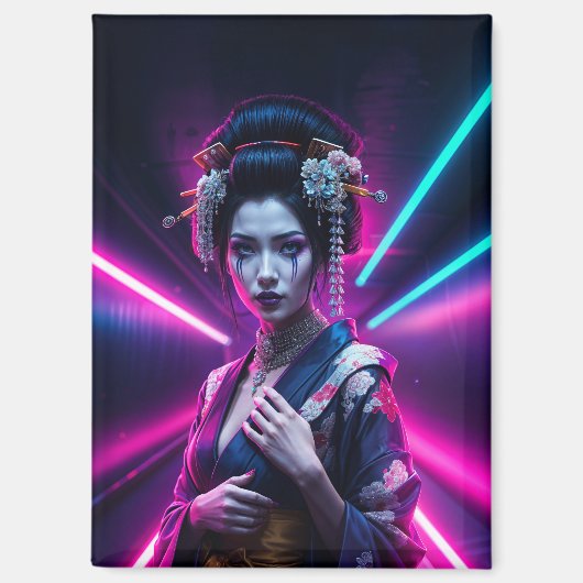 Schöne Geisha Puzzle mit Neon Hintergrund - Elegan Magneet (Voorkant)