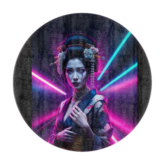 Schöne Geisha Puzzle mit Neon Hintergrund - Elegan Snijplank (Voorkant)