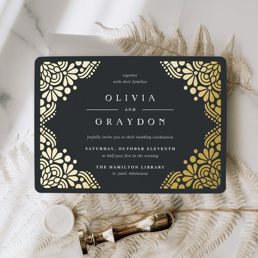 Schone kunsten | Elegante  Art Deco bruiloft Folie Uitnodiging