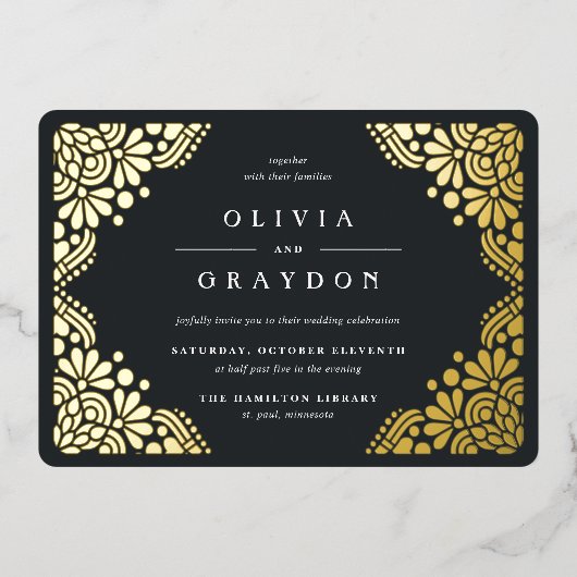 Schone kunsten | Elegante Art Deco bruiloft Folie Uitnodiging (Voorkant)