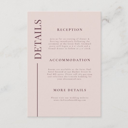Schone lijn Mauve bruiloft details Informatiekaartje (Voorkant)