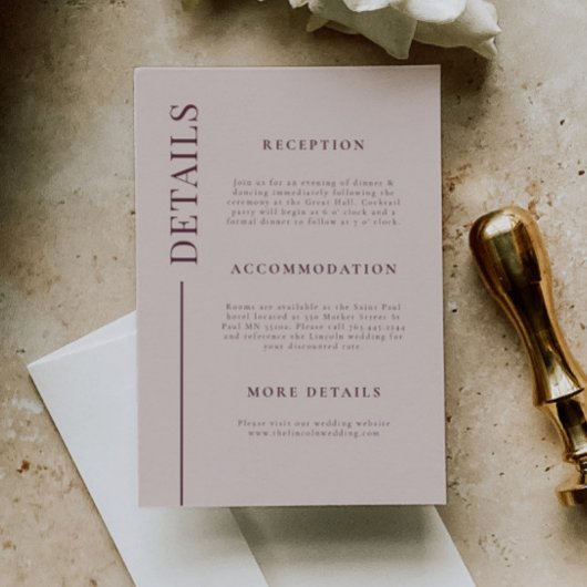 Schone lijn Mauve bruiloft details Informatiekaartje