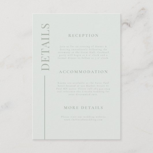 Schone lijn Sage Groene bruiloft Details Informatiekaartje (Voorkant)