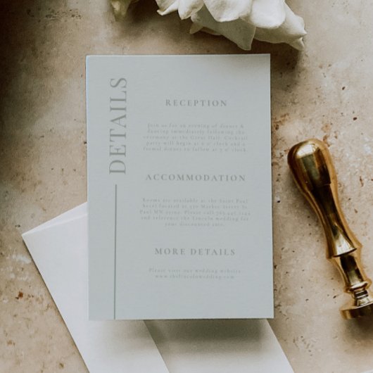 Schone lijn Sage Groene bruiloft Details Informatiekaartje