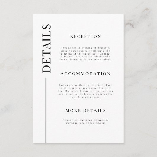 Schone lijn witte bruiloft details informatiekaartje (Voorkant)