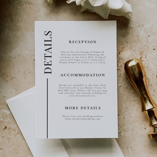 Schone lijn witte bruiloft details informatiekaartje