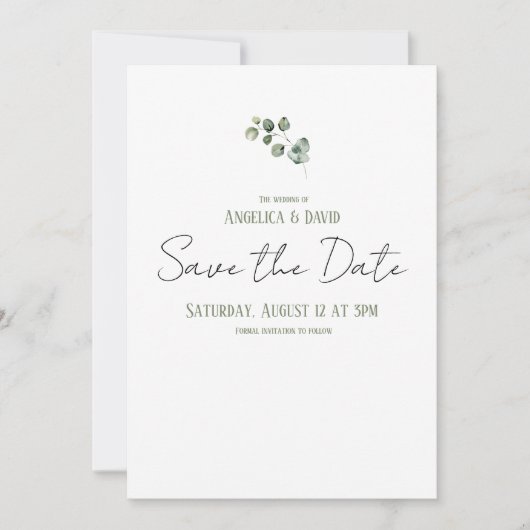 Schone minimalistische eucalyptus bruiloft save the date (Voorkant)