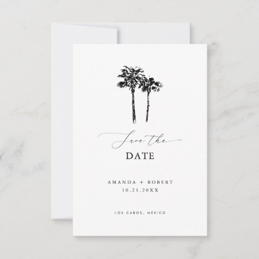 Schone minimalistische hand getrokken palmboom bru save the date (Voorkant)