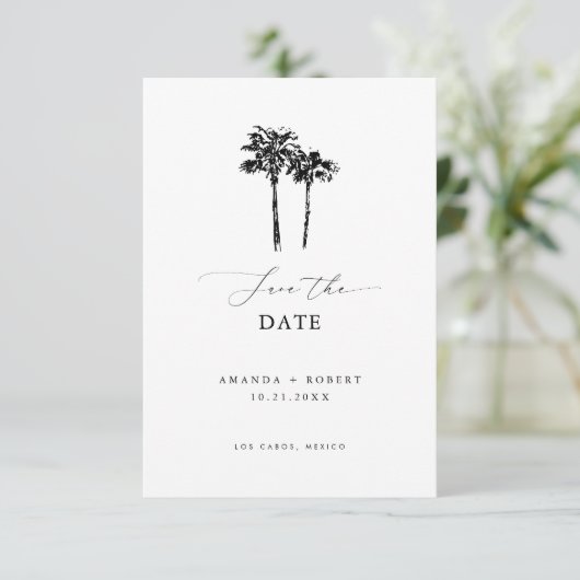 Schone minimalistische hand getrokken palmboom bru save the date (Staand voorkant)