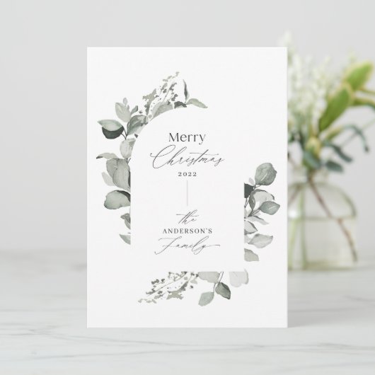 Schone moderne elegant botanische groene grijs feestdagenkaart (Staand voorkant)