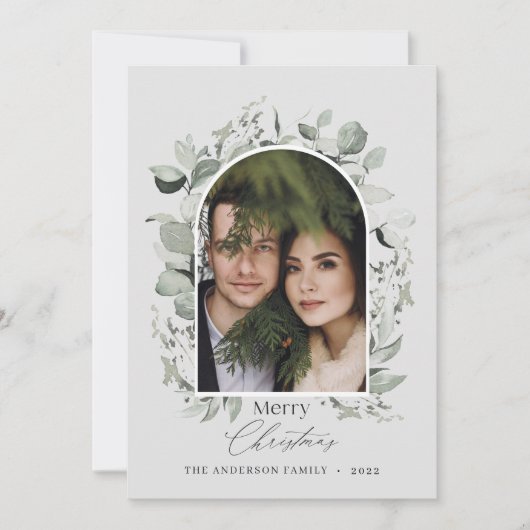 Schone moderne elegant botanische groene grijze fo feestdagenkaart (Voorkant)