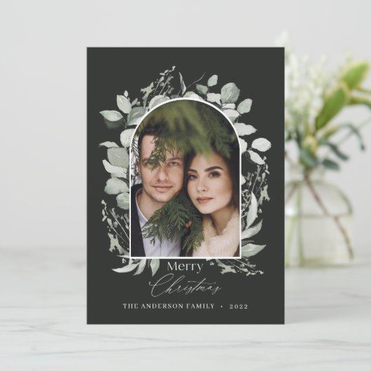 Schone moderne elegante botanische groene grijze f feestdagenkaart (Staand voorkant)