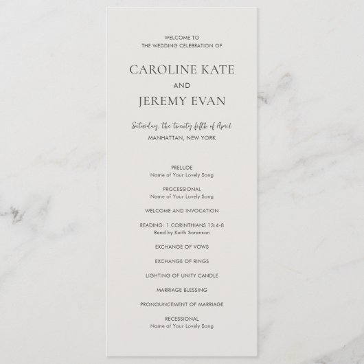 Schone Neutrale Elegante Huwelijk Programmakaart (Voorkant)