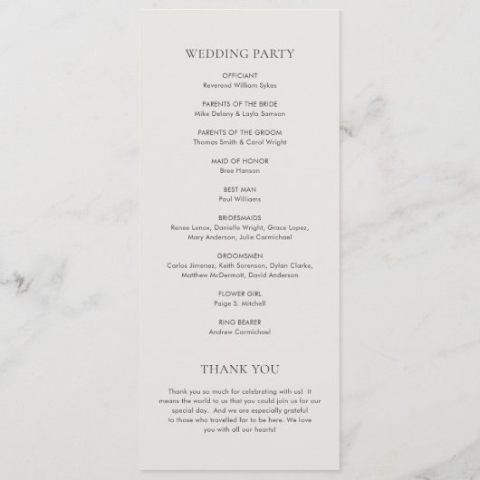 Schone Neutrale Elegante Huwelijk Programmakaart (Achterkant)