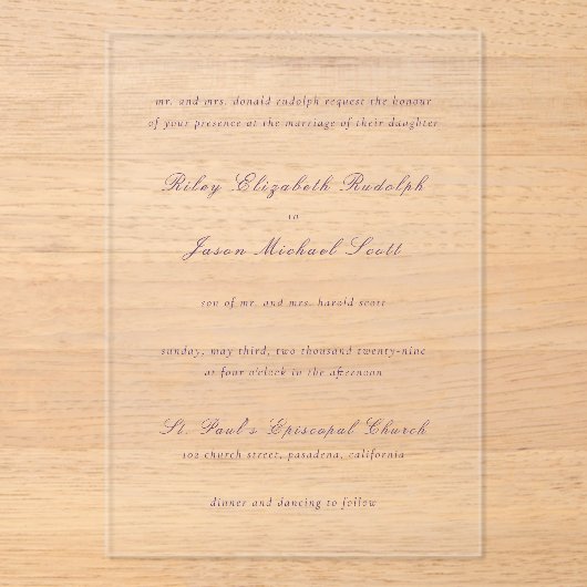 Schone Paarse elegante bruiloft Acryl Uitnodigingen (Voorkant)