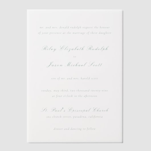 Schone smaragdgroene elegante bruiloft vellum uitnodigingen (Voorkant)