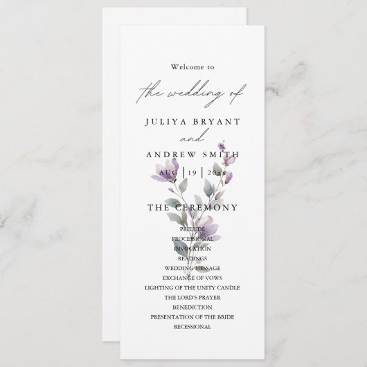 Schone stijlvolle bloemen bruiloft programma kaart (Voorkant / Achterkant)