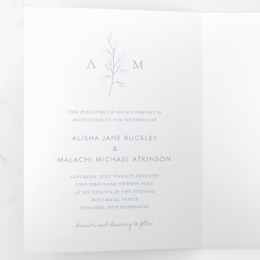 Schone stoffige blauwe botanische foto elegante br drieluik uitnodiging (Binnenzijde eerst)