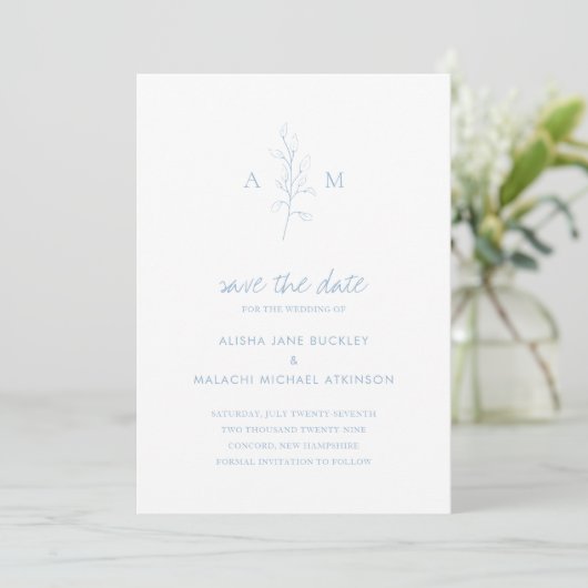 Schone stoffige blauwe botanische foto elegante br save the date (Staand voorkant)