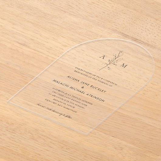 Schone zwart-wit botanische elegante bruiloft acryl uitnodigingen (Laagn)