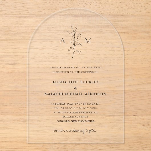 Schone zwart-wit botanische elegante bruiloft acryl uitnodigingen (Voorkant)