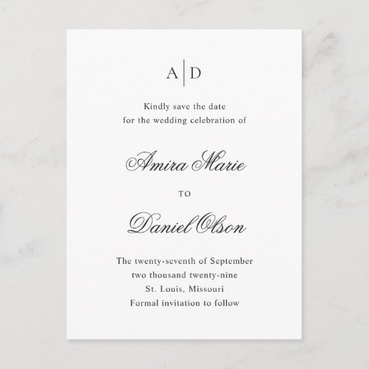 Schone zwart-wit bruiloft Bewaar de datum Aankondigingskaart (Voorkant)