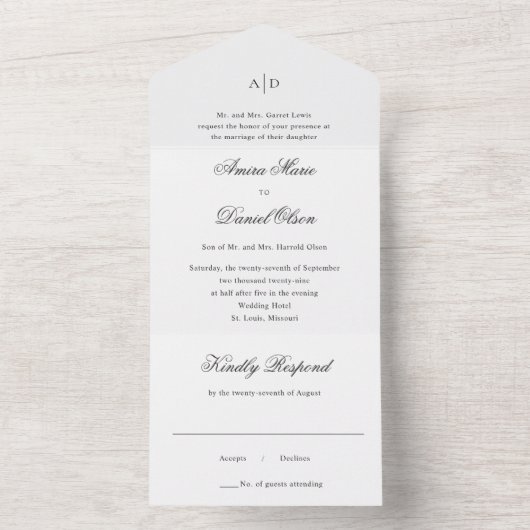 Schone zwart-wit klassieke bruiloft all in one uitnodiging (Binnen)