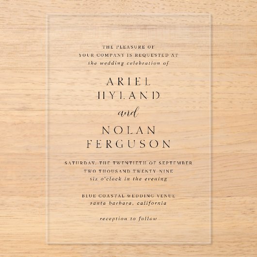 Schone zwart-wit moderne bruiloft acryl uitnodigingen (Voorkant)