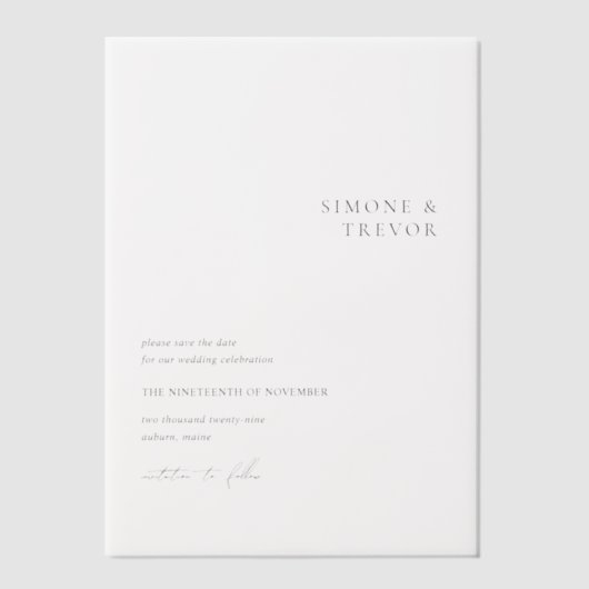 Schone zwart-wit moderne bruiloft Save the Date Vellum Uitnodigingen (Voorkant)