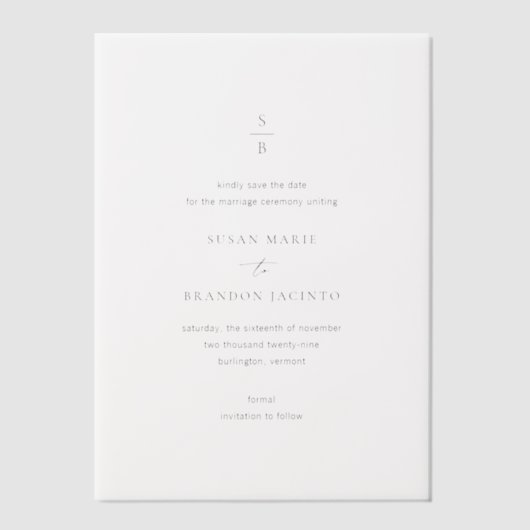 Schone zwart-wit moderne bruiloft Save the Date Vellum Uitnodigingen (Voorkant)