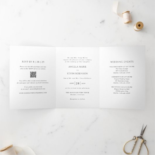 Schone zwart-wit QR Code Moderne bruiloft Drieluik Uitnodiging (Binnen)