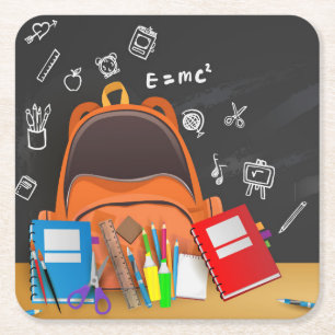 School Bag, Pencils, Ruler, Boeken en Schaar Kartonnen Onderzetters