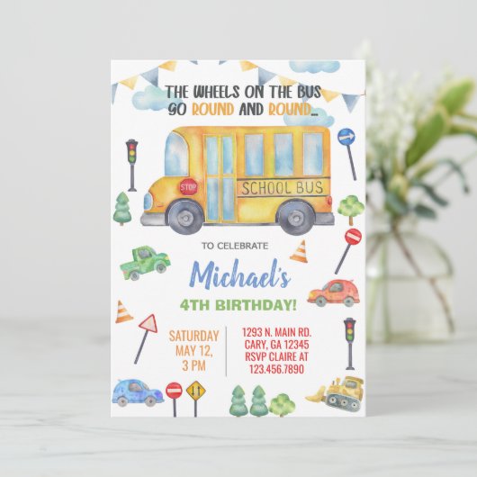 School Bus jongen verjaardag uitnodiging, uitnodig Kaart (Staand voorkant)